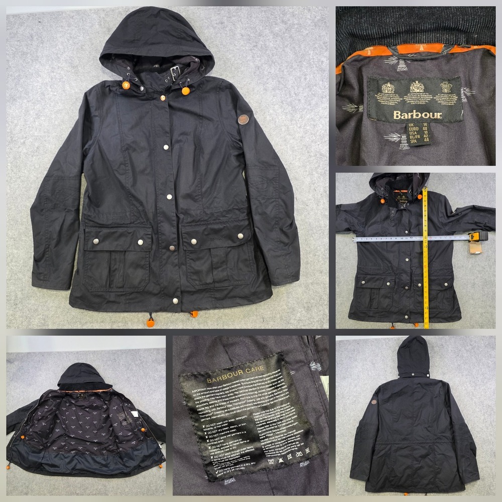 Barbour Clove Hitch Wax Jacket Womens 10 Blue Hooded Waxed Cotton Parka Lined